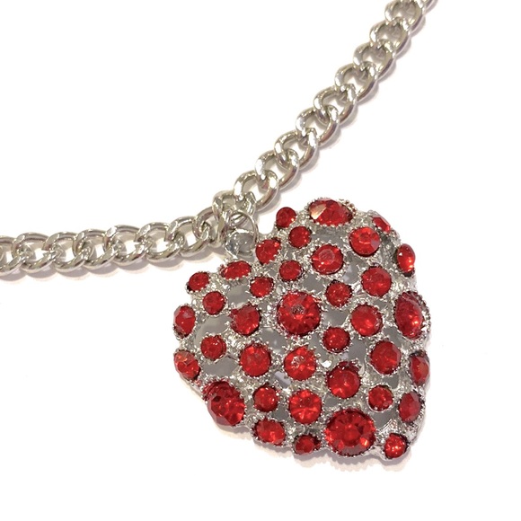Red Heart Dome Necklace Silver Tone - Picture 4 of 4